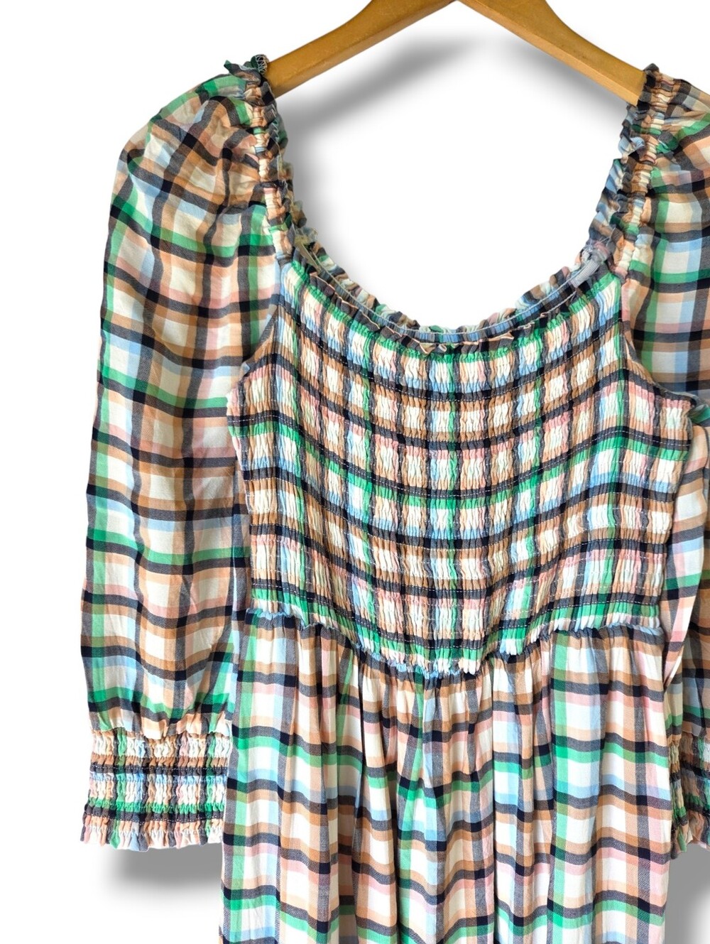 Anthropologie Maeve Cerie Smocked Plaid Square Neck Midi Dress Size Small - Picture 9 of 11